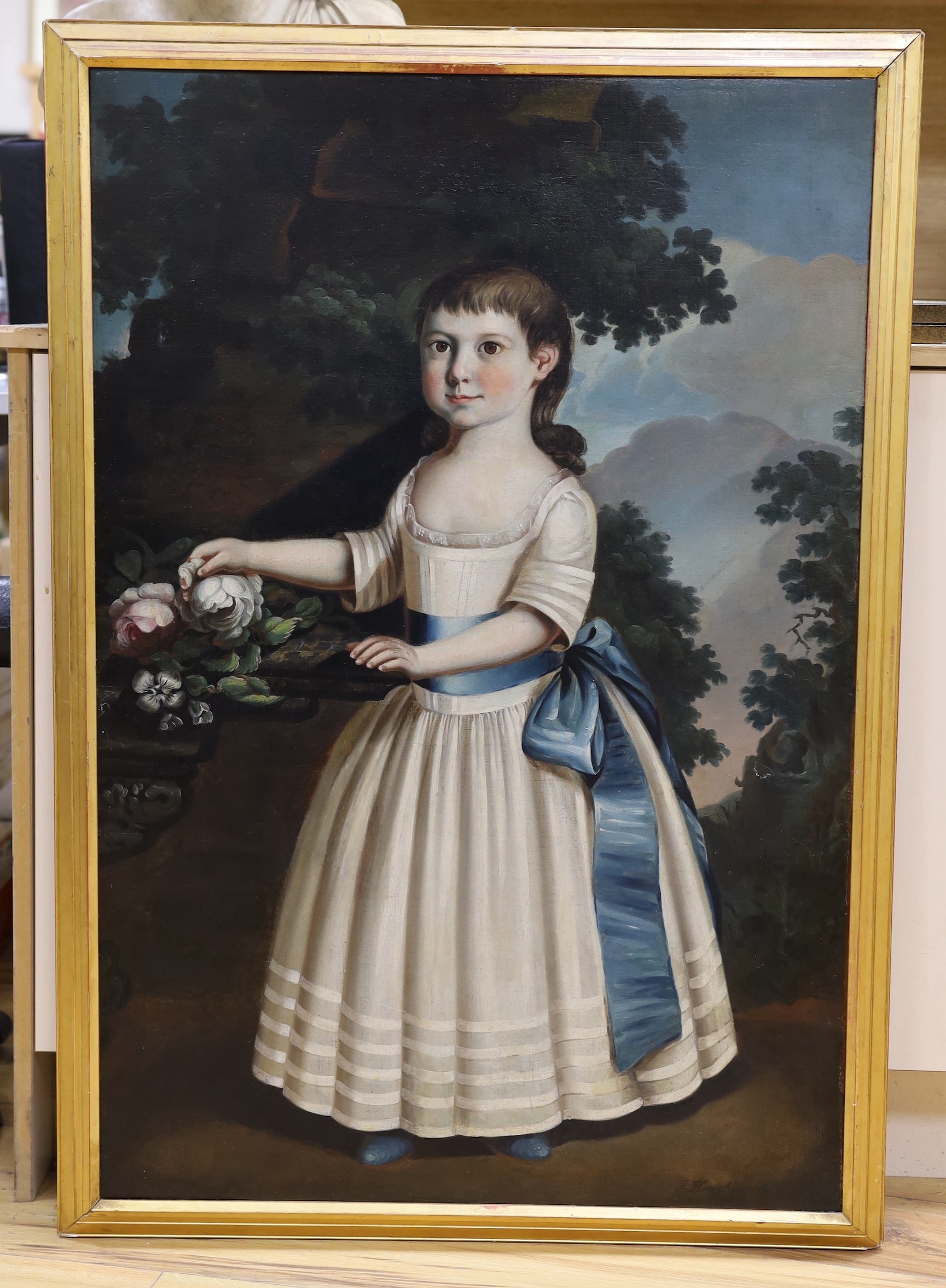 F. Hazelhurst, oil on canvas, Portrait of a girl standing in a landscape beside an urn of flowers, signed, 101 x 67cm